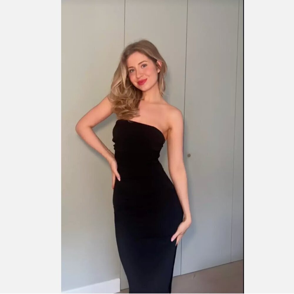 Zara Strapless Black Bodycon Midi Dress with Side Slit  SIZE S REF. BLACK | 2298